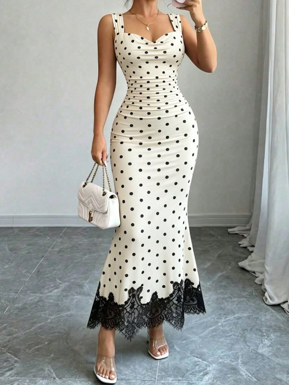 Multicolor Elegant Women's Neckline Spaghetti Strap Pleated Bodycon Dress